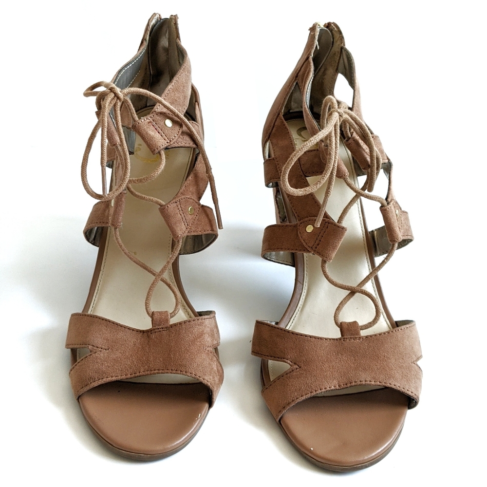 Sam Edelman Emilia Tan Suede Lace Up Block Heels Size 10
